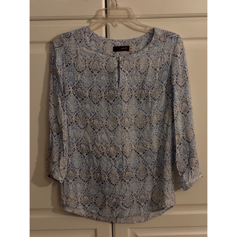 Crosby Womens Blue White Damask Paisley Smocked Shoulder Rayon Blouse M